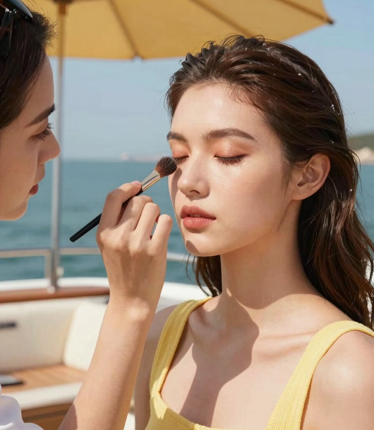 Vibrant editorial portrait of a makeup artist working on a model on a sunny boat deck, warm direct sunlight, saturated retro tones, sharp macro lens