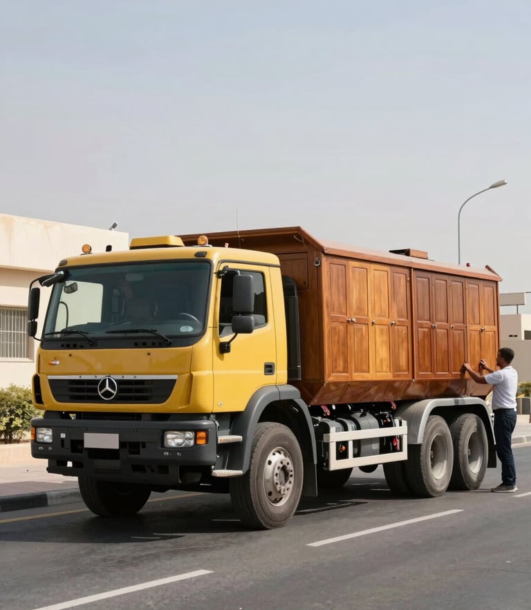 A heavy-duty Al-Qaysar moving truck parked on a clean Khalifa City street during bright UAE daylight, professional crew wrapping a large wooden wardrobe in the background.