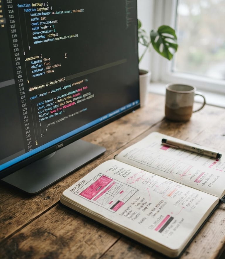 Close-up of clean code on a monitor next to a designer's physical sketchbook, soft overcast daylight, muted organic tones.