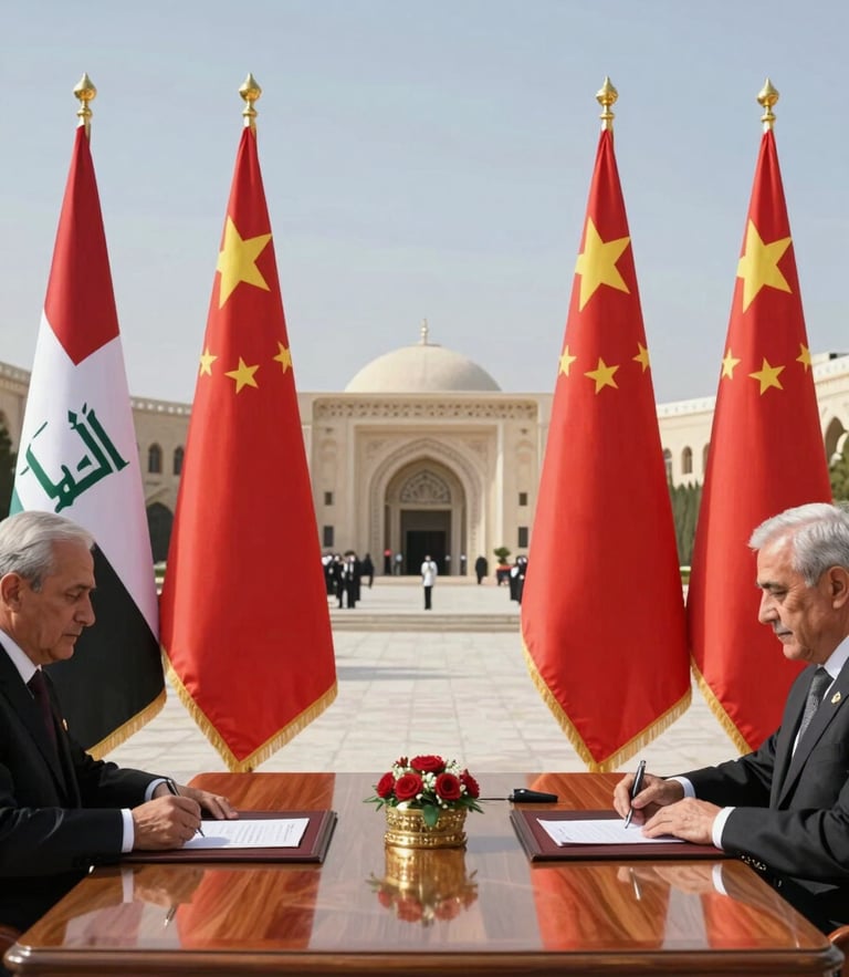 Wide environmental shot of a formal bilateral signing ceremony in Baghdad, high-contrast cinematic daylight, gold-trimmed flags of China and Iraq, polished wooden table, dignified atmosphere.