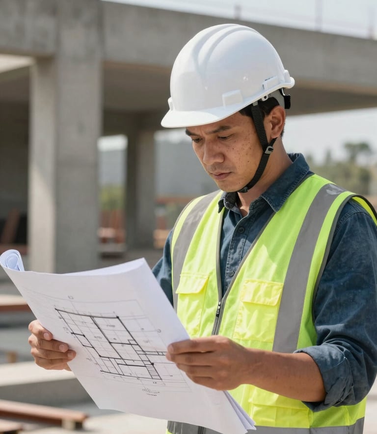Professional Vietnamese site engineer wearing a white hard hat and safety vest, reviewing architectural blueprints on-site, bright daylight, background showing concrete structure.