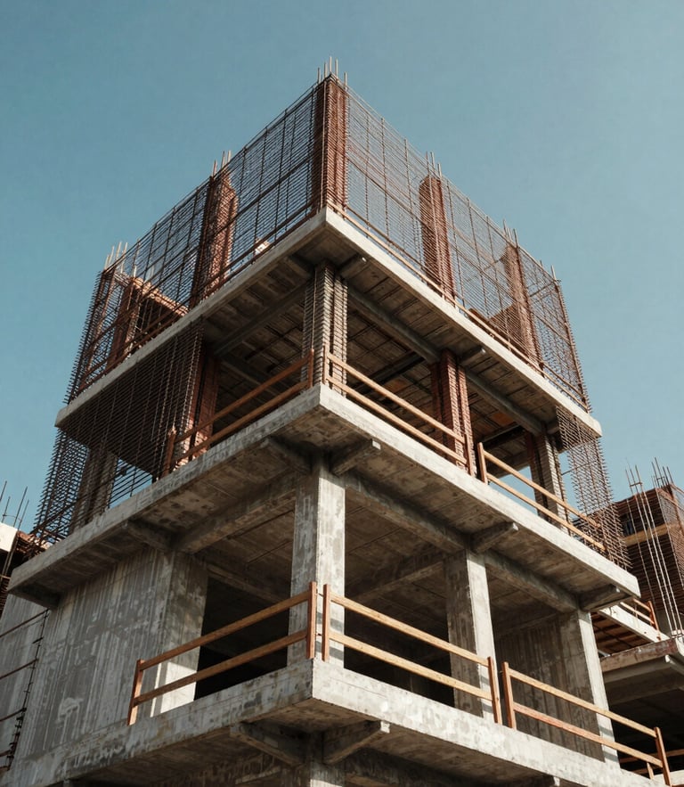 Góc nhìn từ dưới lên một ngôi nhà phố hiện đại tại TP.HCM đang hoàn thiện phần thô, khung bê tông cốt thép vững chắc dưới ánh nắng ban ngày, bầu trời xanh trong trẻo.