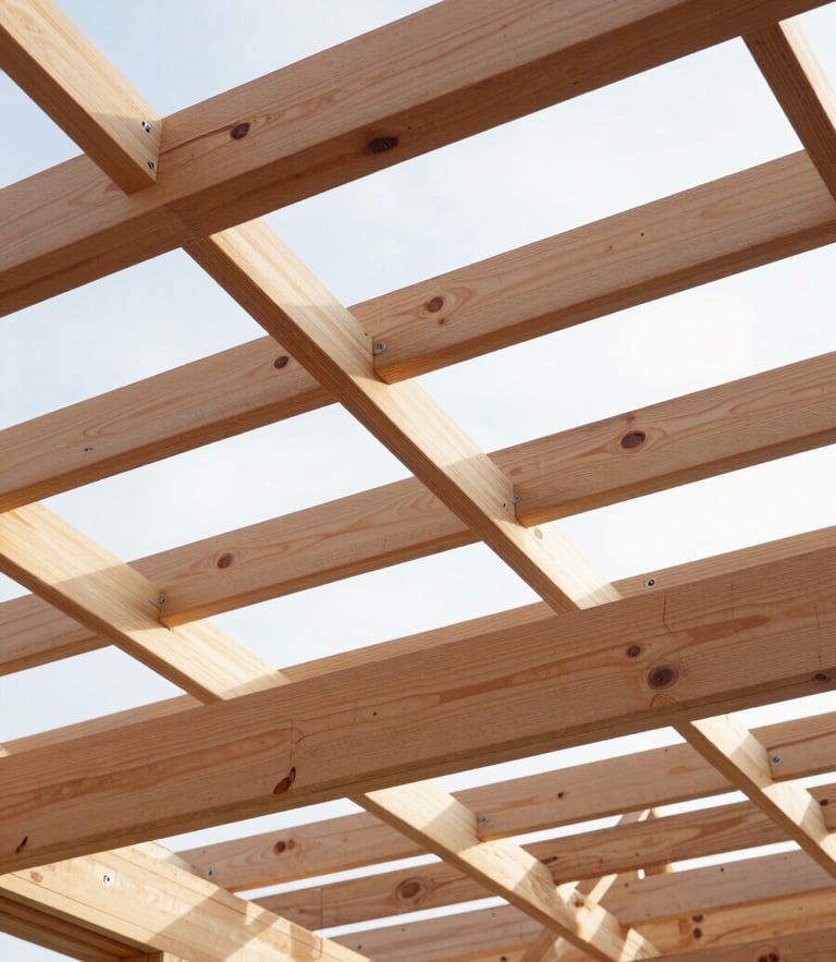 Low-angle architectural shot of a newly constructed timber roof frame, warm wood beams against a bright morning sky, sharp textures of wood grain, 35mm lens