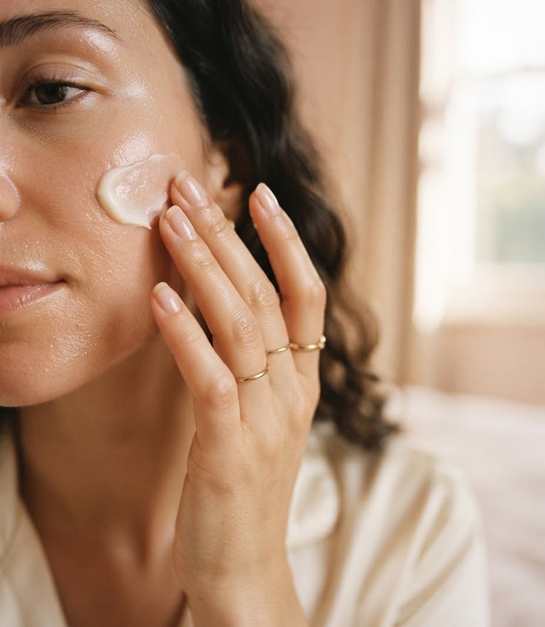 Close-up of elegant fingers applying a delicate face cream, soft diffused window light, warm powder pink and cream tones, shallow depth of field, 35mm photography