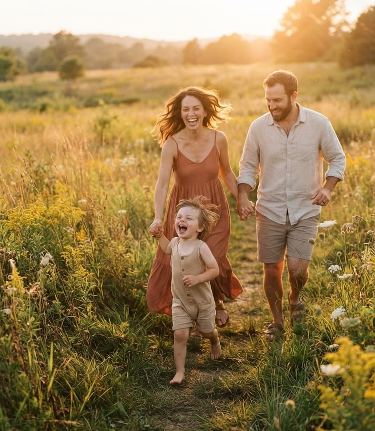 A joyful family running through a sun-drenched meadow at golden hour, a toddler laughing mid-stride, warm cinematic lighting, soft focus background