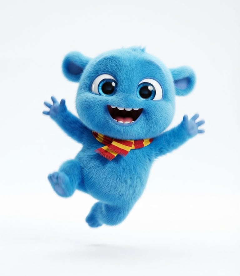 Vibrant 3D digital character render of a playful bouncing blue creature with large expressive eyes, bright high-key studio lighting, crisp white background, playful character art style.