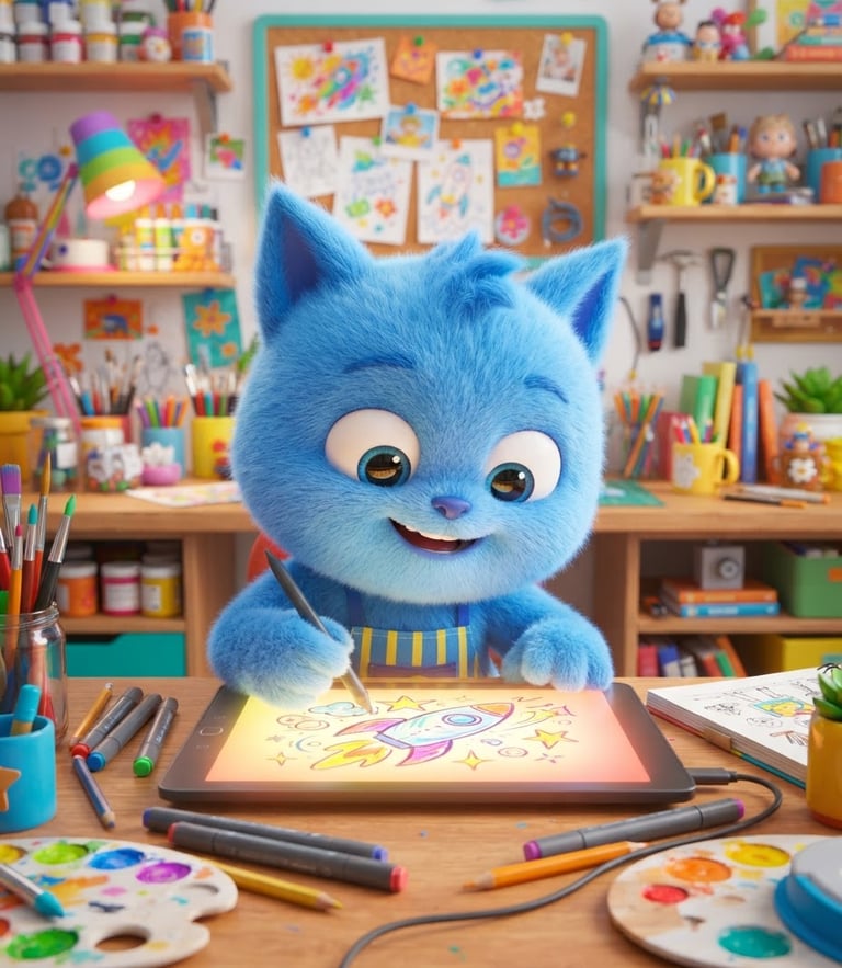 Vibrant 3D digital animation style, bright high-key lighting, a playful blue character with large expressive eyes sketching on a glowing tablet, colorful studio workspace background