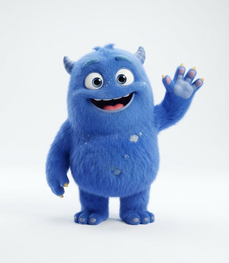 Vibrant 3D digital animation style, bright high-key lighting, a playful blue cartoon monster character waving with a friendly smile, clean white studio background