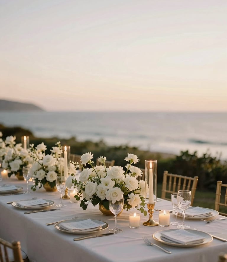 Close-up of a stunning coastal wedding reception table at sunset, tall white floral installations, flickering candles in gold holders, ocean breeze, 35mm