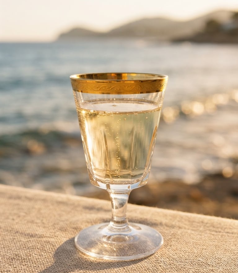 Extreme close-up of gold-rimmed crystal glassware on beige linen, soft golden-hour coastal light reflecting off the ocean waves, warm luxury editorial photography, 35mm