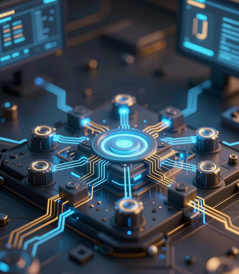 Macro 3D vector schematic of a decentralized cryptographic network node, glowing electric blue and gold data paths running across dark structural blocks, terminal screen aesthetic.