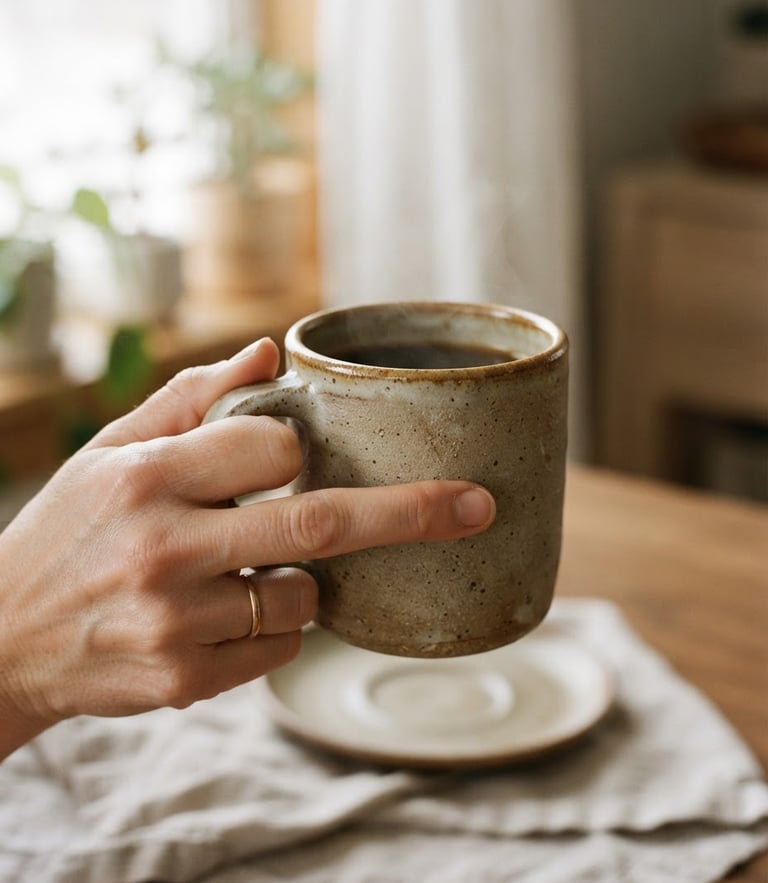 Close-up of a hand holding a warm ceramic mug, soft morning window light casting quiet shadows, raw clay texture visible, 35mm lens