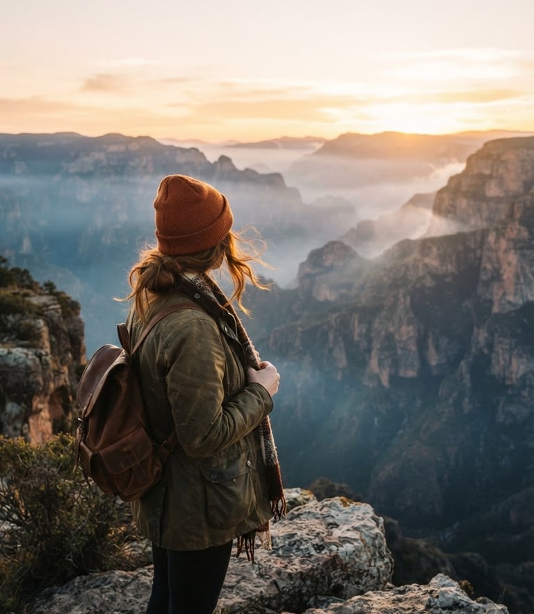 Portrait of a traveler looking out over a misty canyon in Copper Canyon at sunrise, warm golden-hour light, 35mm film look.