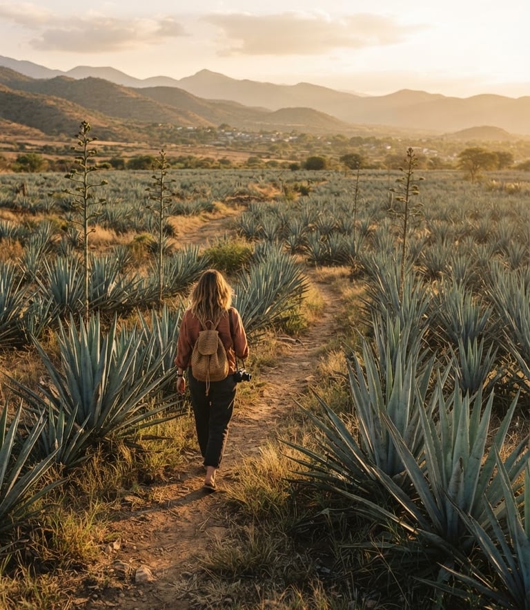 Wide environmental shot of a traveler walking through a majestic, sun-drenched agave field in Oaxaca at golden hour, warm 35mm film style, soft shadows, premium editorial feel