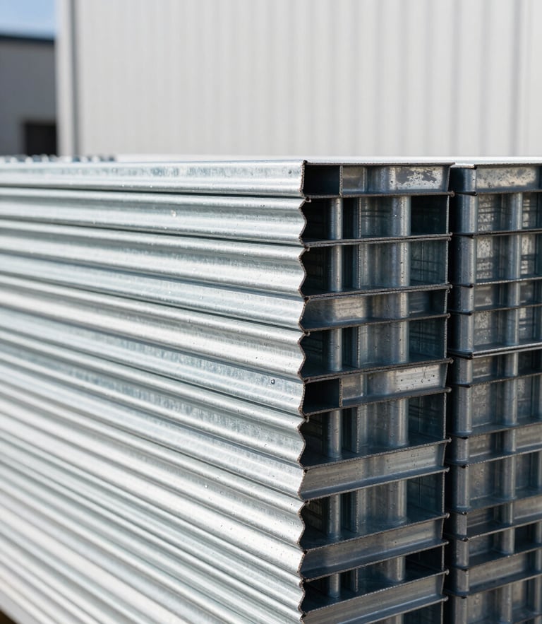 High-resolution product close-up of hot-dip galvanized steel crowd control barriers stacked neatly in a bright Auckland warehouse, clean blue and white tones, sharp focus, 35mm lens