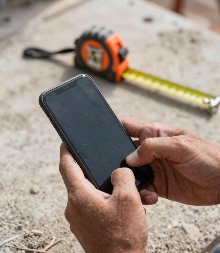 Close-up of rugged hands holding a smartphone on an active construction site, dusty tape measure in background, sharp focus, 35mm lens