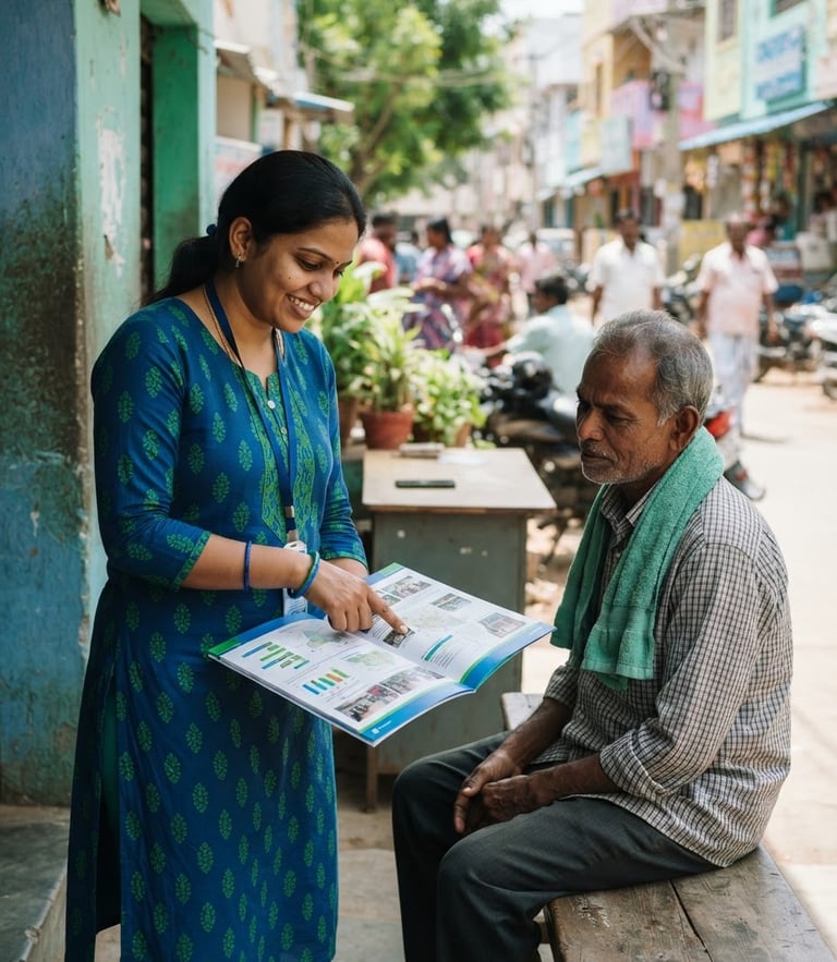 A local community coordinator in Guntur showing a printed civic guide to a resident, bright natural daylight, clean blue and green details, 35mm lens