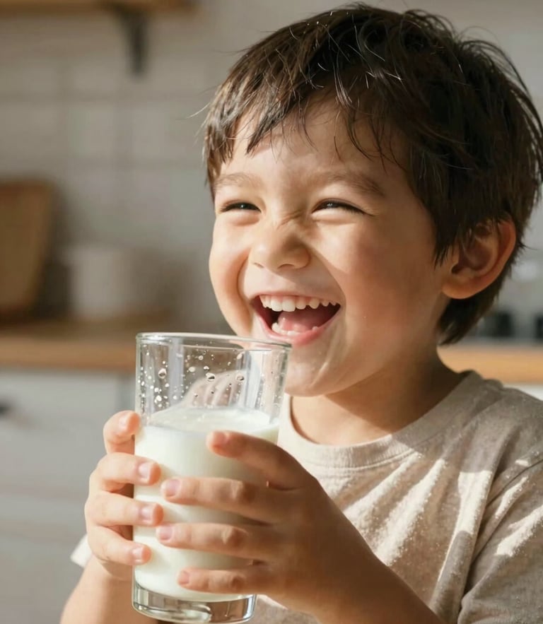 Close up of a happy child laughing, holding a glass of fresh milk with condensation on the glass, bright morning sunlight, soft shadows, warm rustic-modern kitchen background