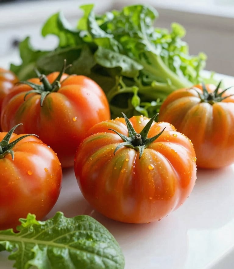 Close-up of vibrant, freshly harvested heirloom tomatoes and crisp greens on a bright kitchen table, natural morning daylight, shallow depth of field