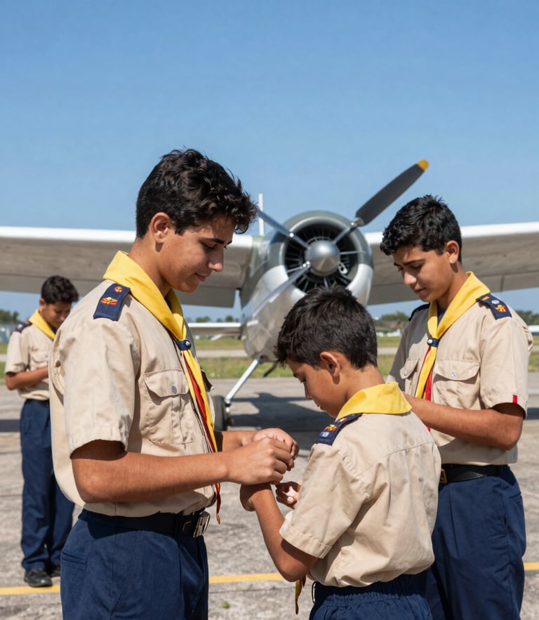 Fotografia documental de jovens escoteiros do ar fardados inspecionando uma aeronave monomotor sob luz solar direta e brilhante, céu azul limpo ao fundo, enquadramento plano médio.
