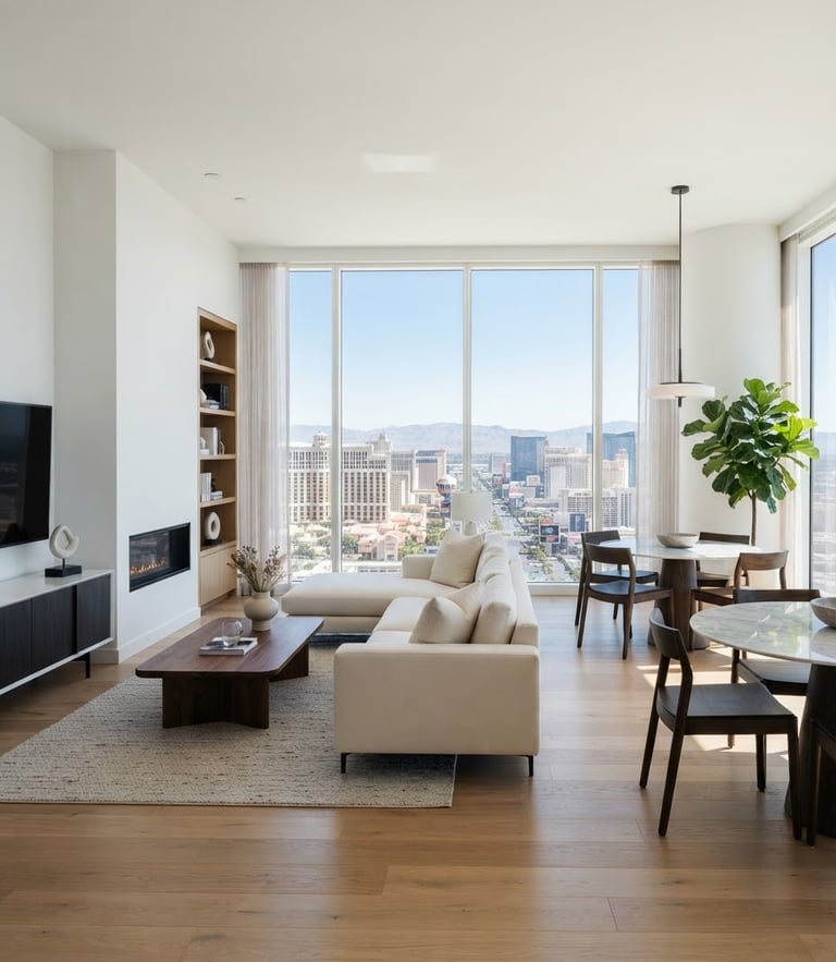 Bright modern apartment interior in Las Vegas with natural window light, clean white walls, minimalist furniture, high-end real estate editorial style