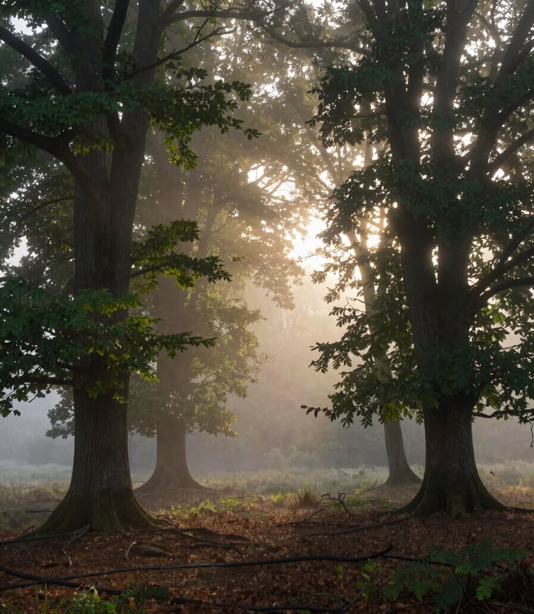 Misty morning in a German forest, ancient beech trees, soft golden light filtering through fog, wide-angle cinematic