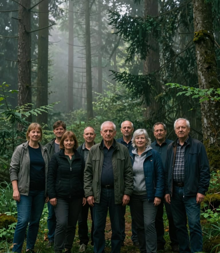 A natural portrait of local community members standing together in a misty German forest at morning light, deep green tones, cinematic depth of field.