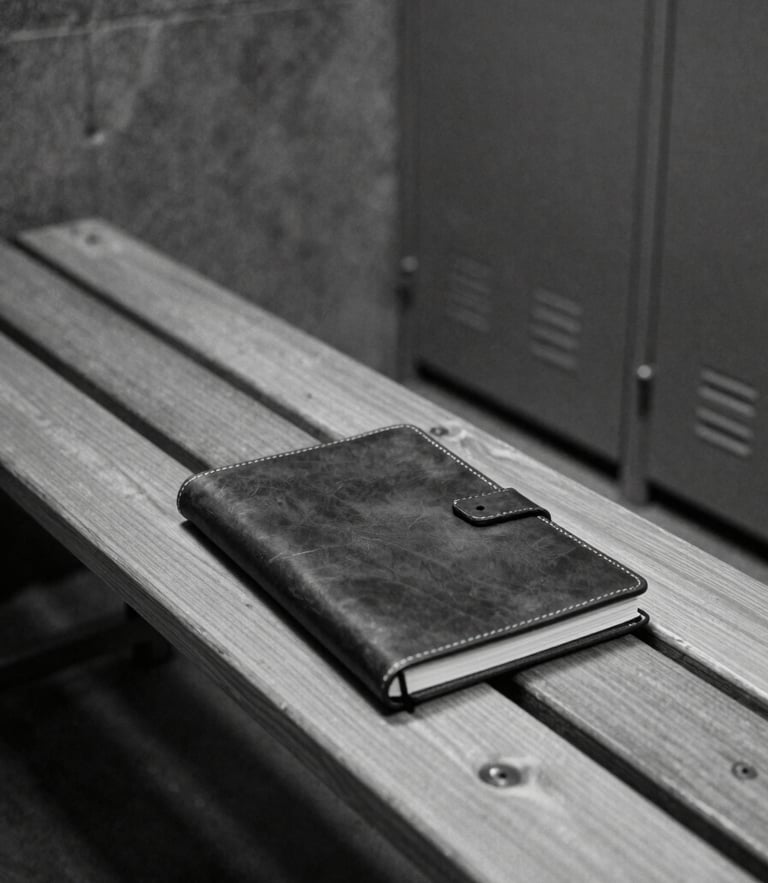Editorial black and white photography, dramatic natural light, deep shadows, high contrast, 35mm film grain. A closed leather-bound notebook resting on a wooden bench inside an empty, dark concrete locker room.