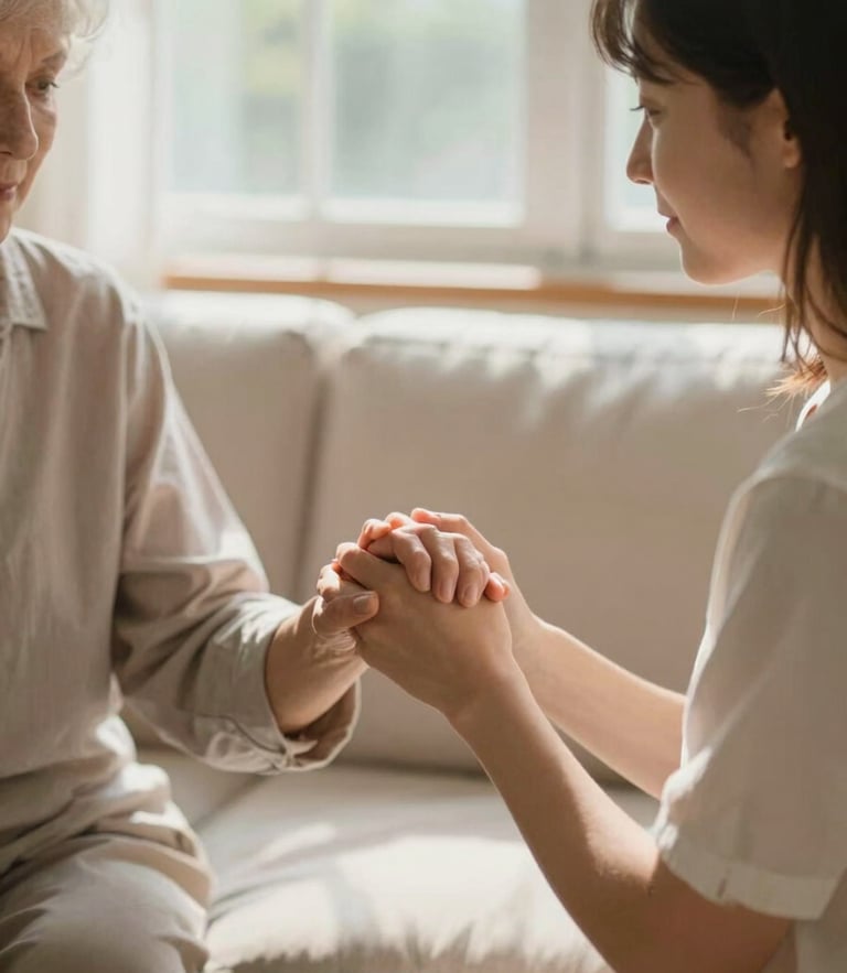 A warm editorial photograph of a daughter holding her elderly mother's hand in a sunlit living room, soft natural window light, shallow depth of field, 35mm.