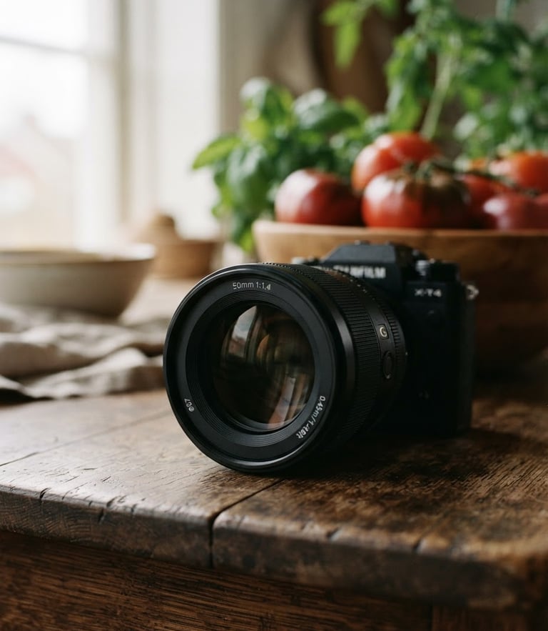 Close-up of a modern camera lens reflecting soft natural daylight, with a blurred rustic wooden prep table and fresh tomatoes in the background.