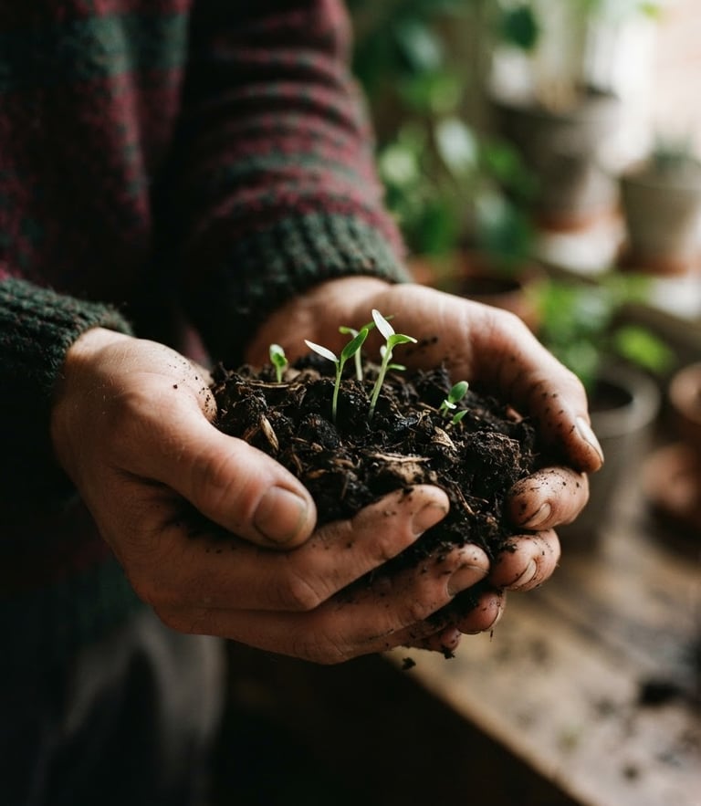 Close-up of hands holding rich dark soil with small green sprouts, soft diffused natural daylight, shallow depth of field, 35mm film.