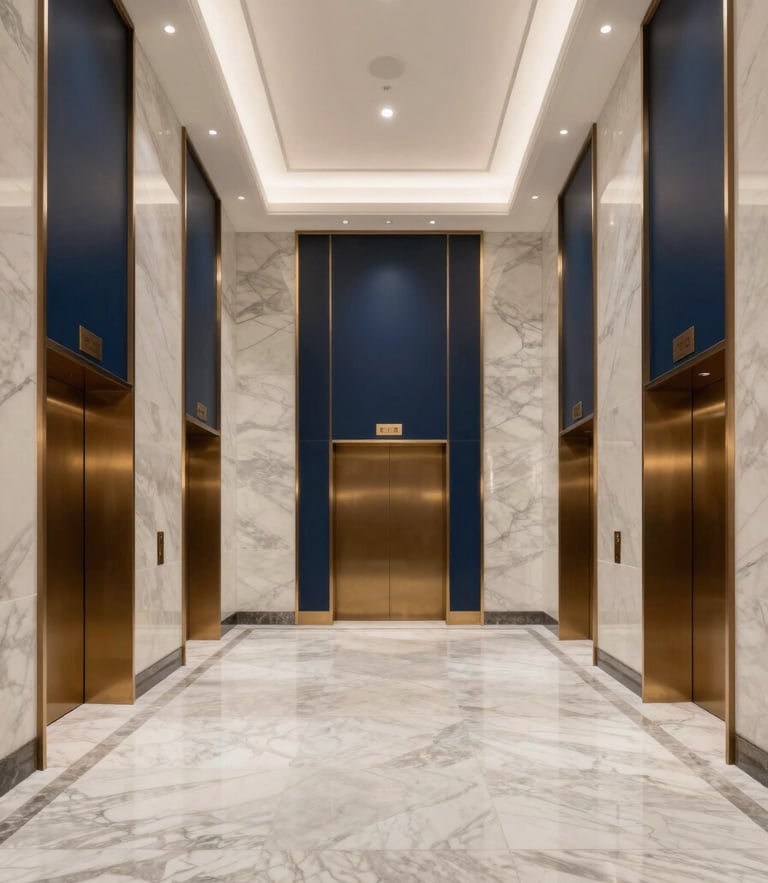 Symmetrical architectural photography of a pristine Class-A commercial lobby, marble floors reflecting soft light, bronze elevator doors, high-contrast interior lighting, 35mm