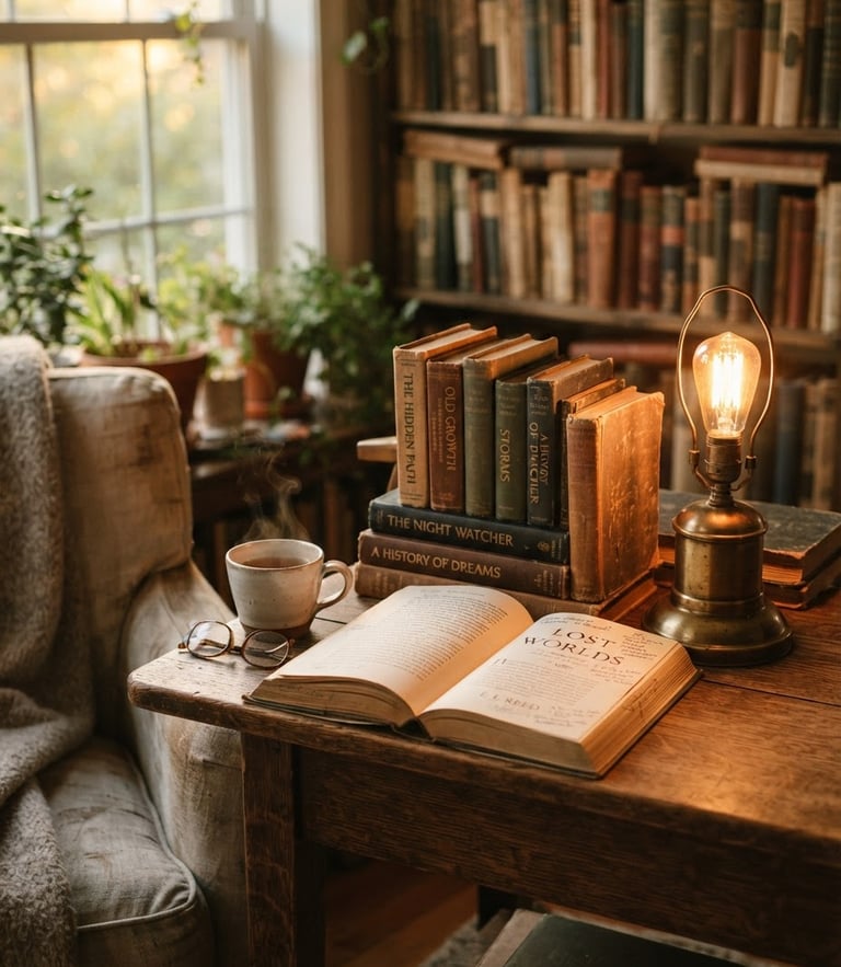 Close-up of a warm cozy reading nook with soft incandescent lamp glow, stacks of vintage books on a rustic wooden table, shallow depth of field