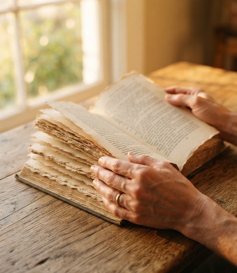 Close-up of a person's hands holding an open book with textured deckle-edge paper, warm golden-hour light streaming through a window, soft shadows on a rustic wooden table.