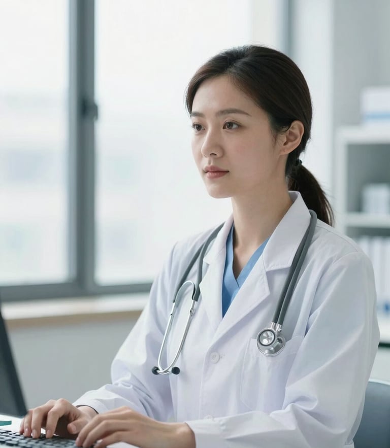 Professional female doctor in a bright, modern clinical office, soft natural window lighting, clean teal and white tones, shallow depth of field