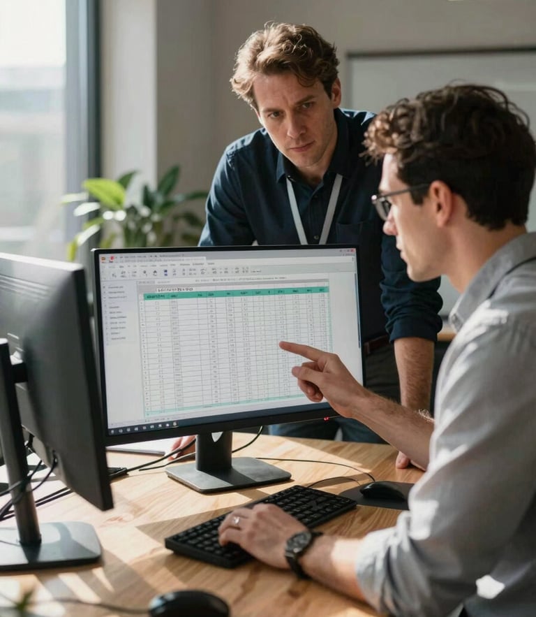 A bright, high-contrast collaborative workspace with two operations managers reviewing a detailed spreadsheet on a monitor, natural daylight casting sharp shadows on a wooden table.