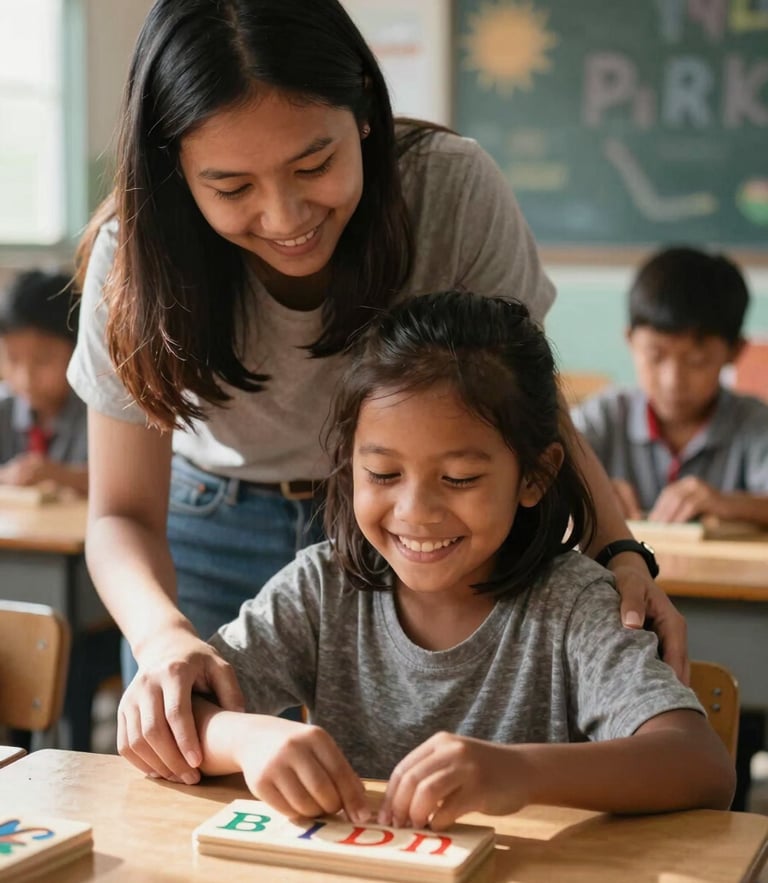 Foto setinggi mata anak memperlihatkan seorang anak perempuan lokal usia 5 tahun tersenyum ceria sambil memegang balok huruf kayu bersama gurunya di dalam kelas yang terang benderang oleh cahaya matahari alami.