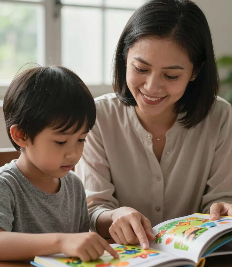 A local female tutor in Semarang smiling gently while guiding a 5-year-old child pointing at a colorful picture book, soft window daylight, eye-level framing.