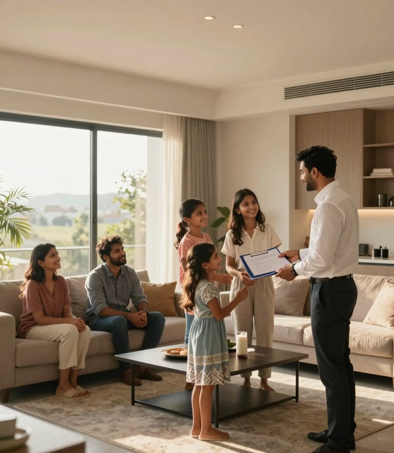 Wide panoramic interior at golden hour, a professional representative in a crisp shirt handing a welcome folder to a smiling Indian family in a modern living room, soft natural light, expansive framing with negative space on the left.