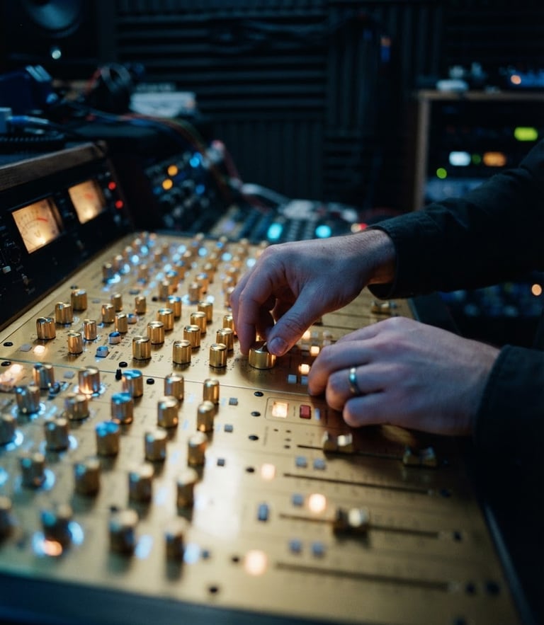 Close-up of hands adjusting dials on a high-end golden audio mixing console in a dimly lit studio, neon blue backlighting, shallow depth of field, 35mm