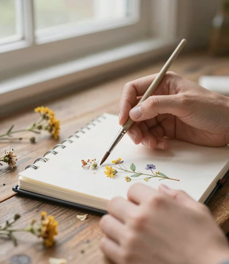 Soft-focus close-up of hands holding a fine paintbrush over a watercolor sketchbook, dried wildflowers scattered on a rustic wooden table, warm morning window light