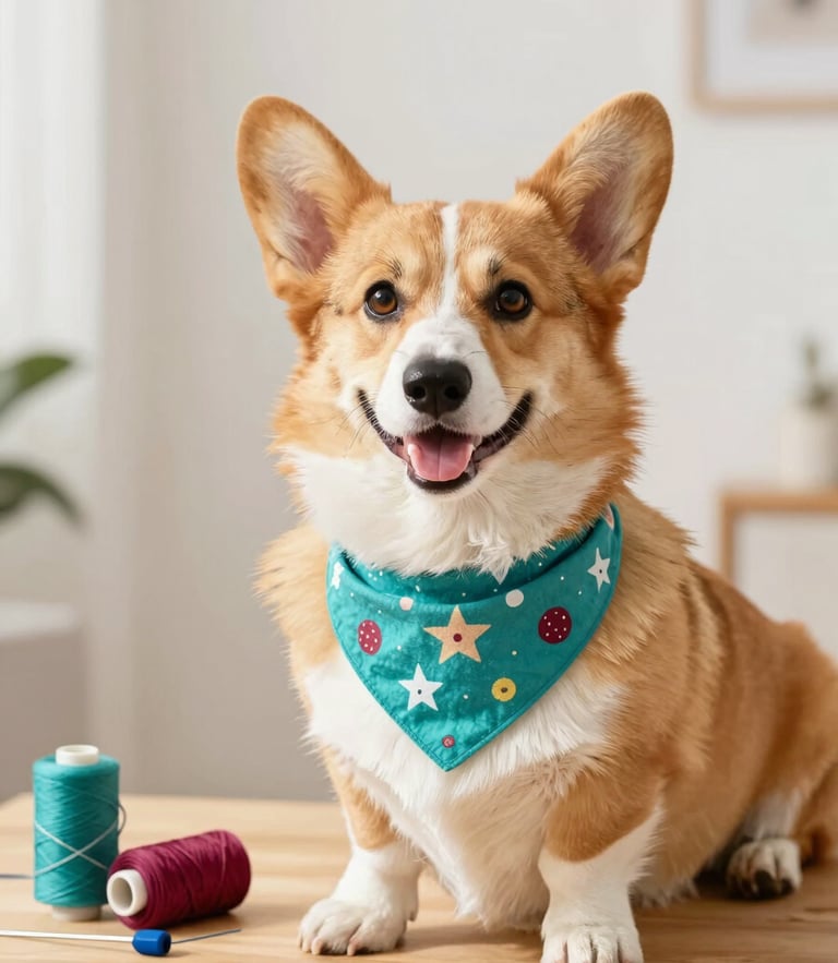 A bright, warm photo of a happy corgi wearing a colorful handmade bandana, sitting next to sewing tools on a wooden table, soft daylight