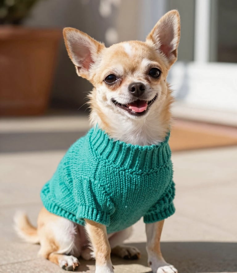 A happy small Chihuahua wearing a vibrant teal knitted sweater, sitting on a sunlit patio, warm natural light, shallow depth of field