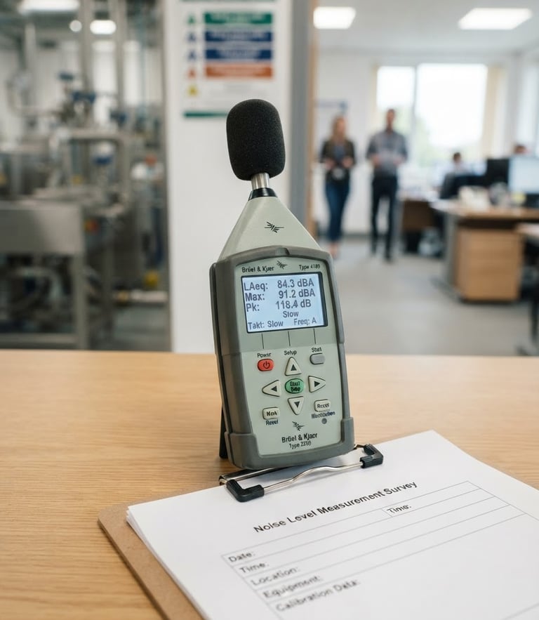 Close-up of calibrated occupational noise level meter on a clean clipboard, soft office lighting, professional safety engineering context, sharp corporate photography, 35mm