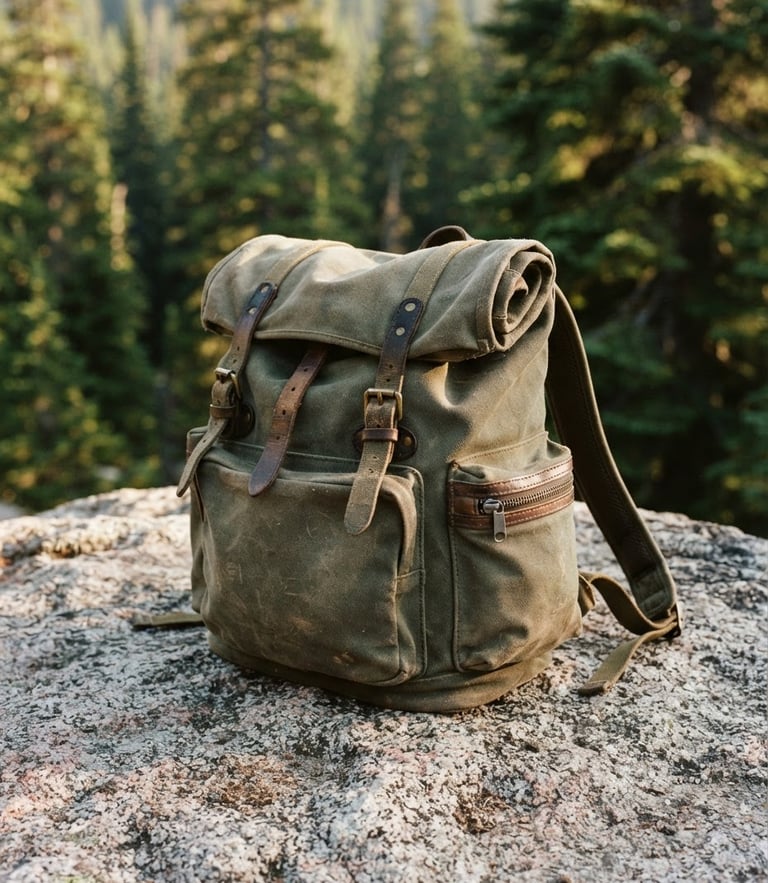Close-up of a weathered green canvas backpack resting on a granite boulder, sharp morning sunlight, pine trees in soft focus background, rugged editorial photography.