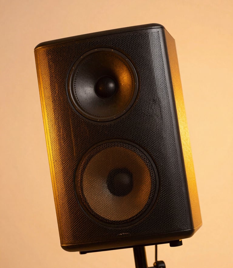 Close-up of a dynamic speaker in mid-motion under warm studio lighting with orange undertones, 35mm