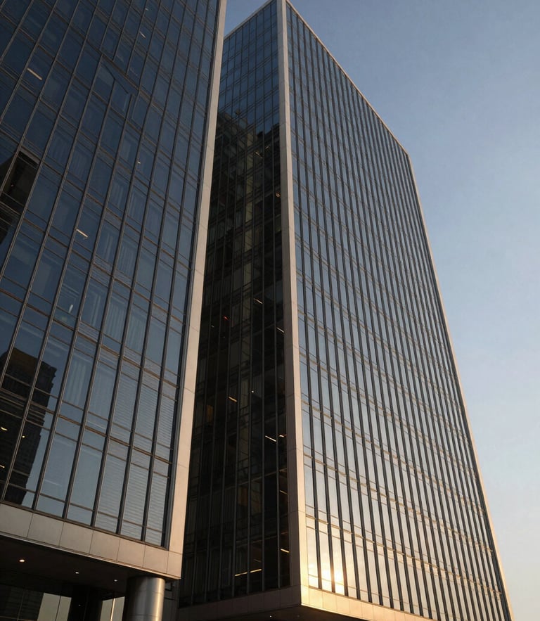Dramatic low-angle architectural photograph of a modern minimalist corporate headquarters in Dubai, crisp high-contrast daylight, golden hour reflections on glass facades, deep navy and champagne gold tones.