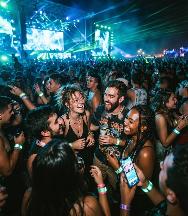 Wide shot of diverse young adults laughing and interacting at a neon-lit electronic music festival, vibrant electric blue and acid green lights, motion blur, glowing phone screens, high contrast, low angle, cinematic, 35mm lens