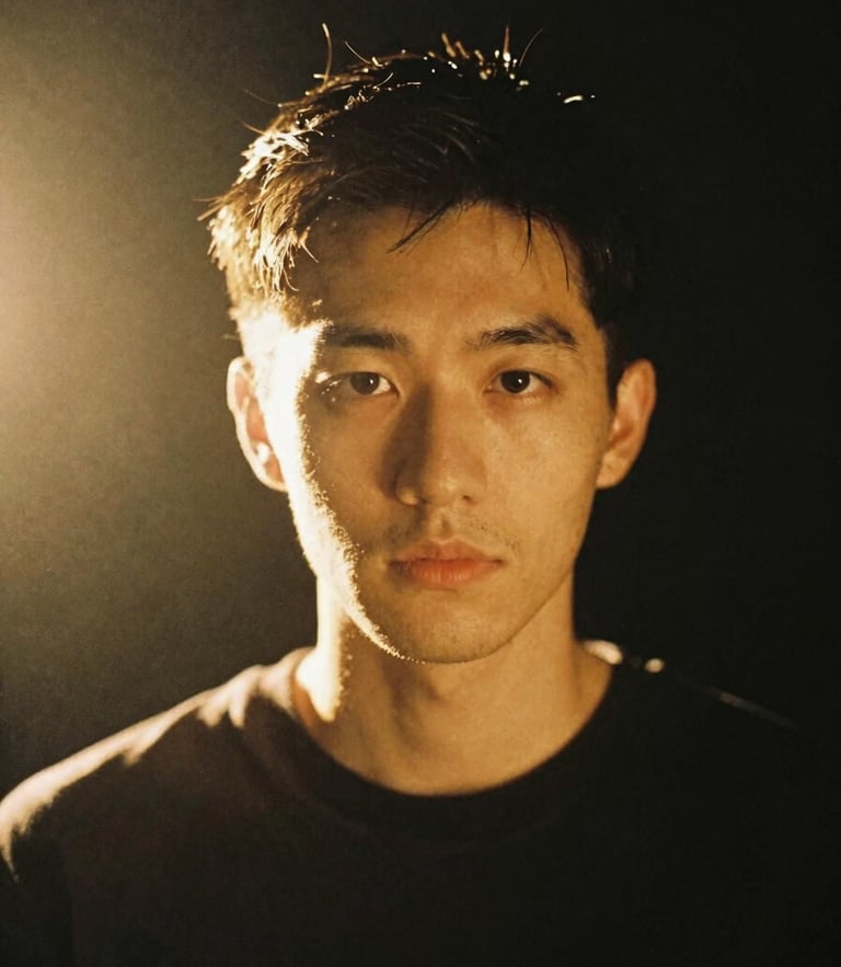 A striking portrait of a modern artist bathed in warm golden-hour backlight against a dark studio background, 35mm photography
