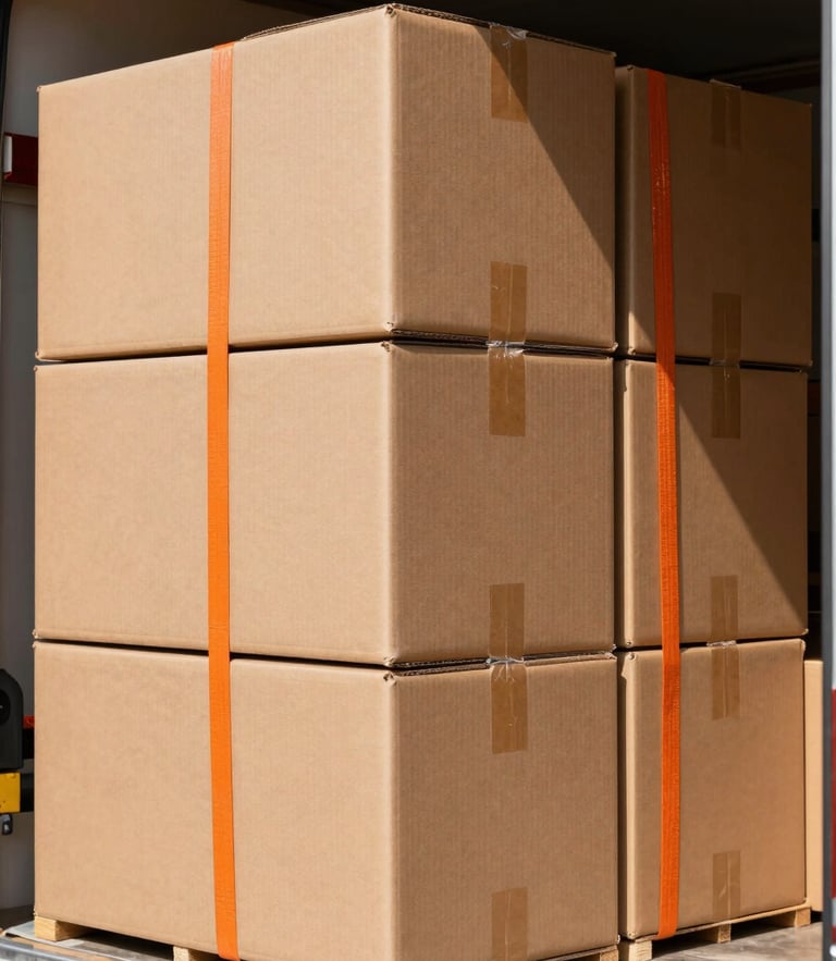 Bright daylight close-up of heavy-duty cardboard moving boxes neatly stacked inside a clean transport truck, strapped securely with orange tie-down webs.